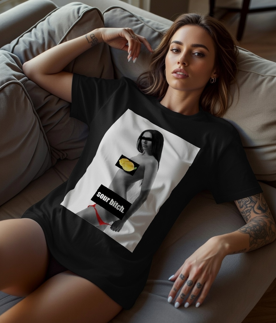 Tricou Bumbac, Damă, Negru, Imprimeu frontal, Sour btch